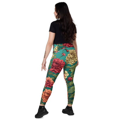 'Dahlia Flowers' Crossover leggings with pockets Leggings
