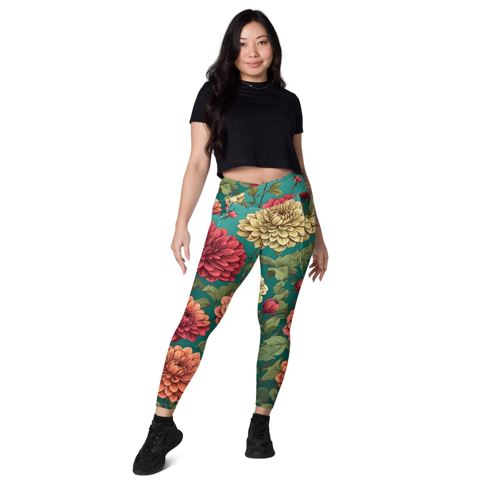 'Dahlia Flowers' Crossover leggings with pockets Leggings