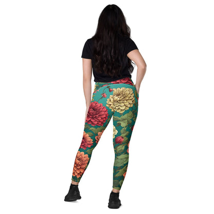 'Dahlia Flowers' Crossover leggings with pockets Leggings