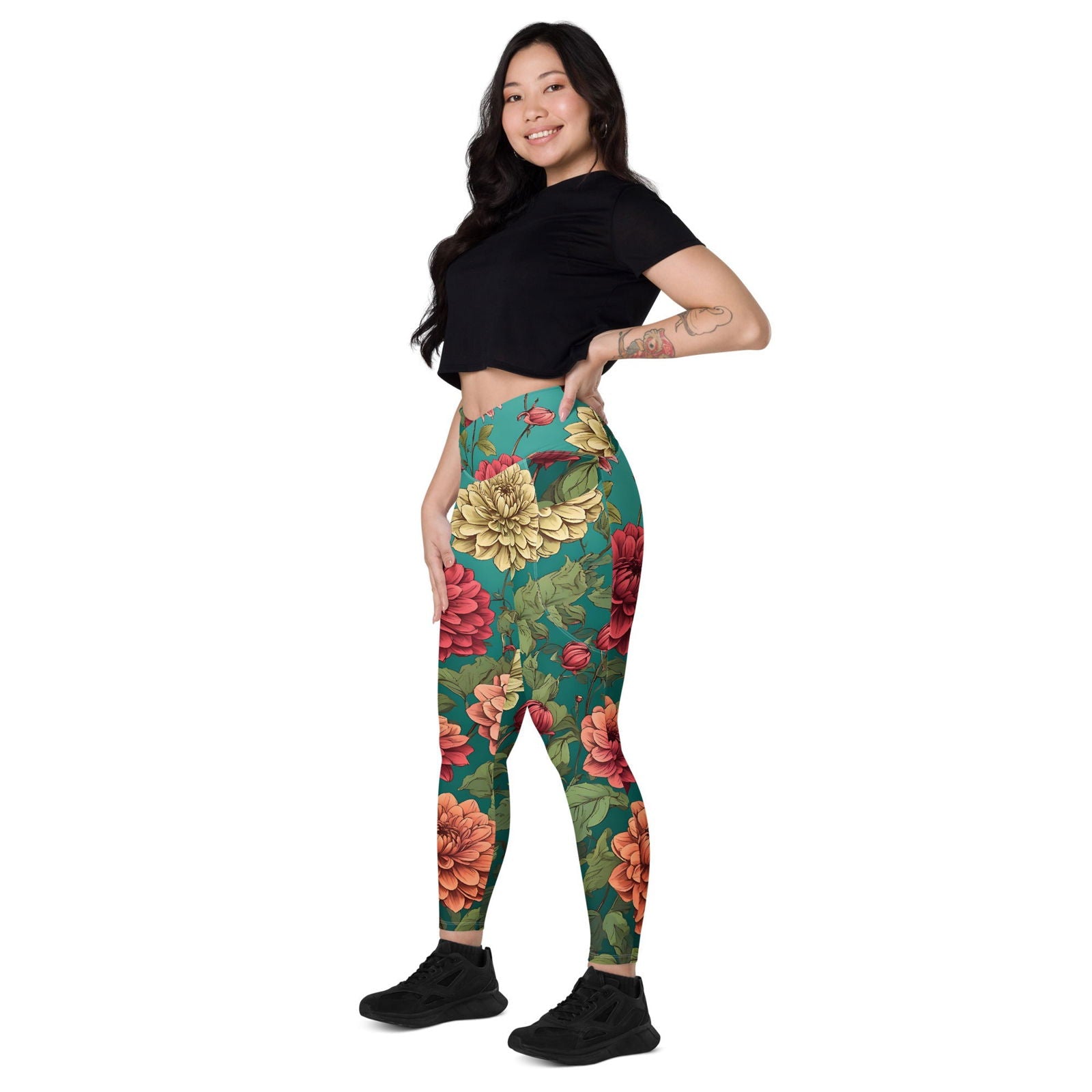 'Dahlia Flowers' Crossover leggings with pockets Leggings
