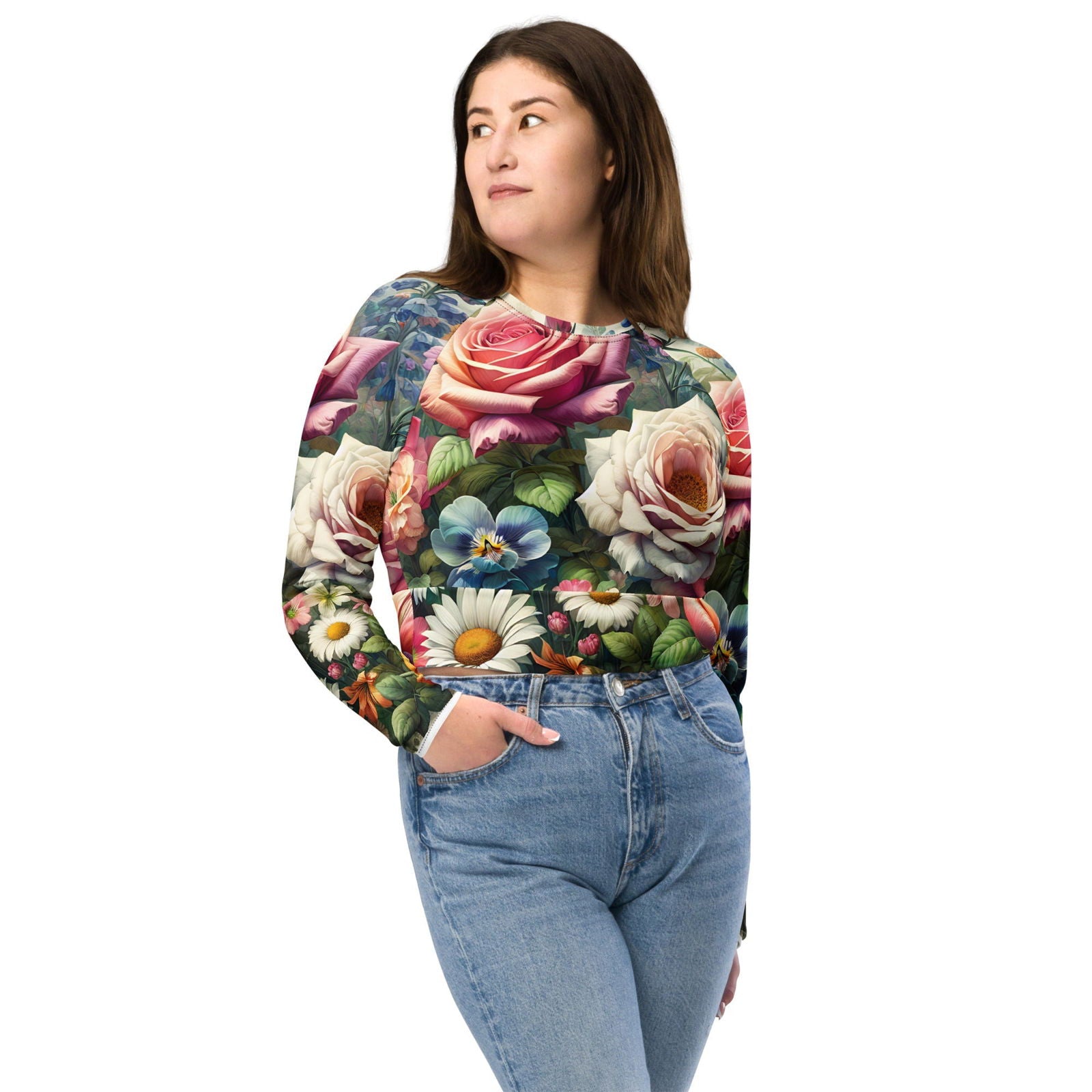 Garden Flowers Recycled Long Sleeve Crop Top Crop Tops