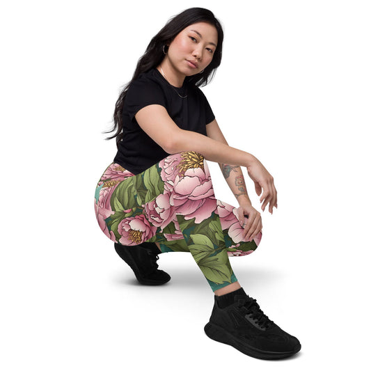 'Pink Peonies' Crossover leggings with pockets Leggings