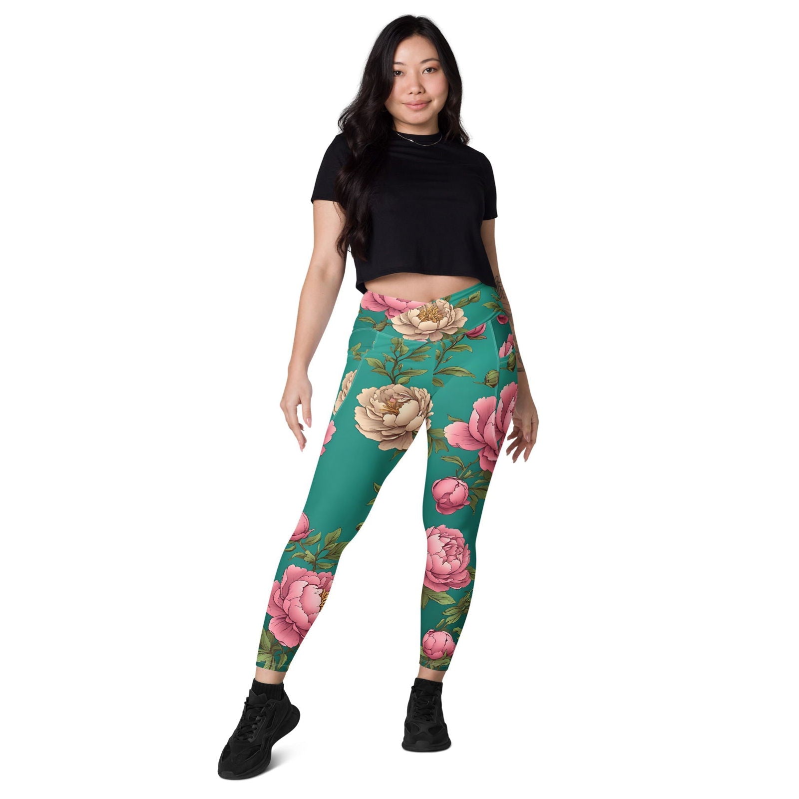 'Pink Peonies' Crossover leggings with pockets - Wild Wisp Apparel