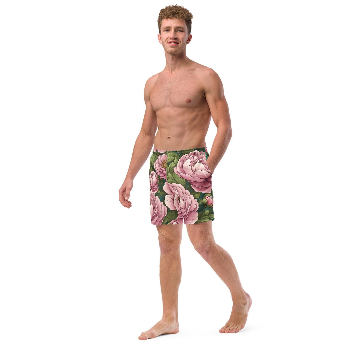 'Pink Peonies' Men's recycled swim trunks Swimwear