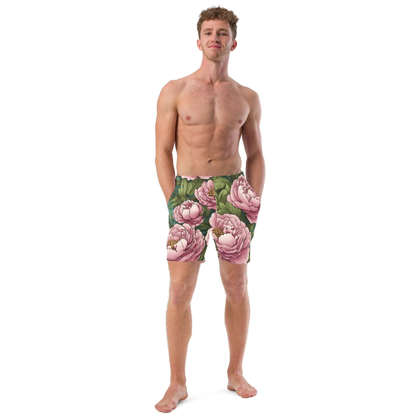 'Pink Peonies' Men's recycled swim trunks Swimwear
