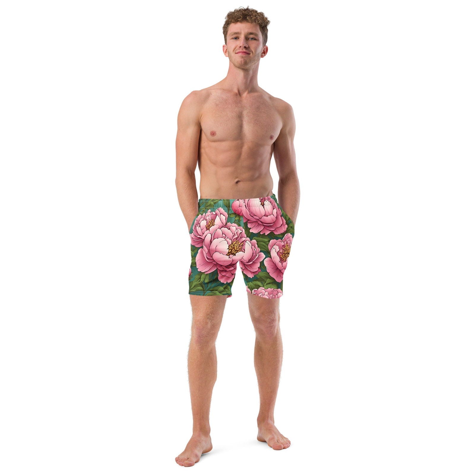 'Pink Peonies' Men's recycled swim trunks - Wild Wisp Apparel