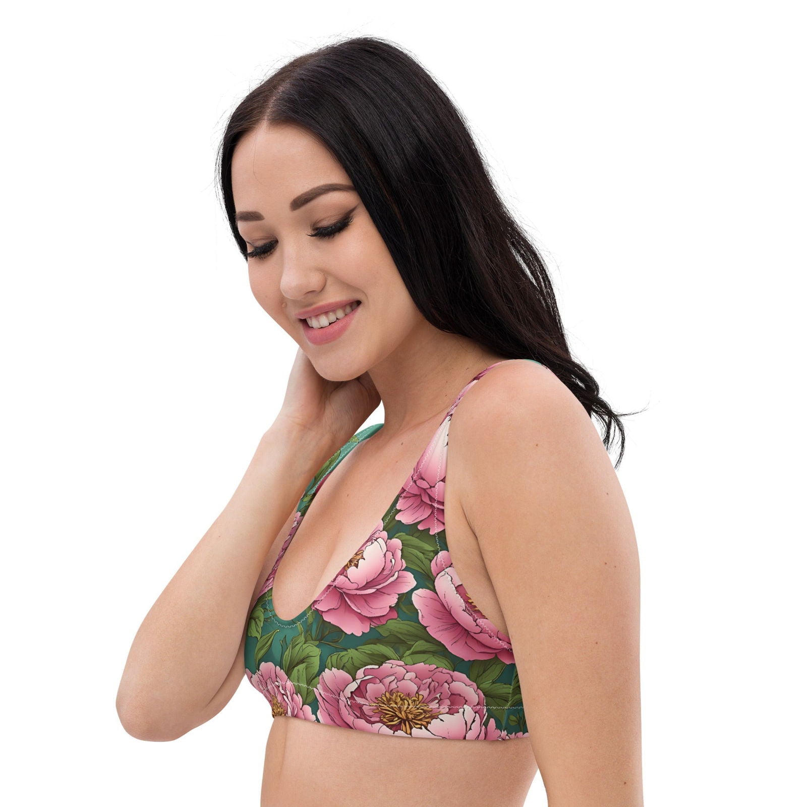 'Pink Peonies' Recycled padded bikini top Swimwear