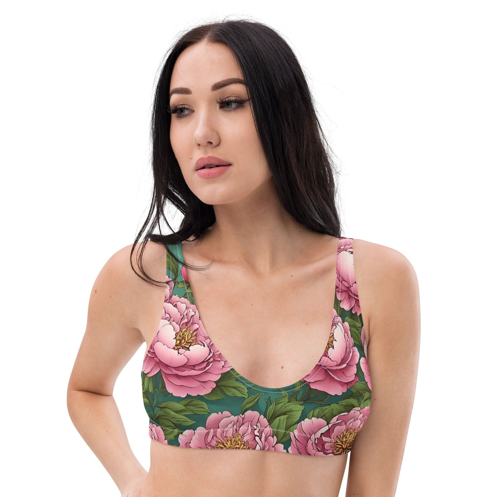 'Pink Peonies' Recycled padded bikini top Swimwear