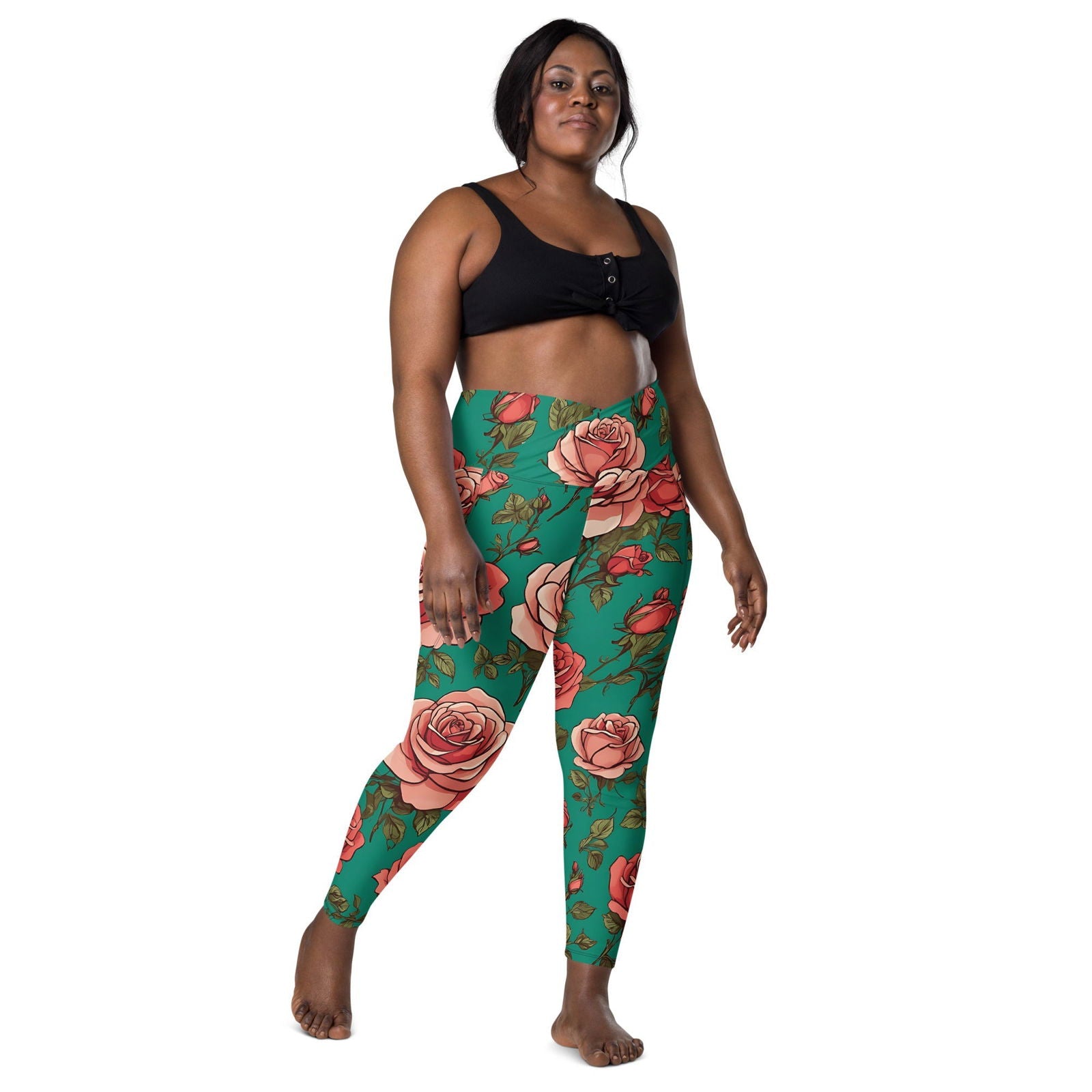 'Pink Roses' Crossover leggings with pockets Leggings
