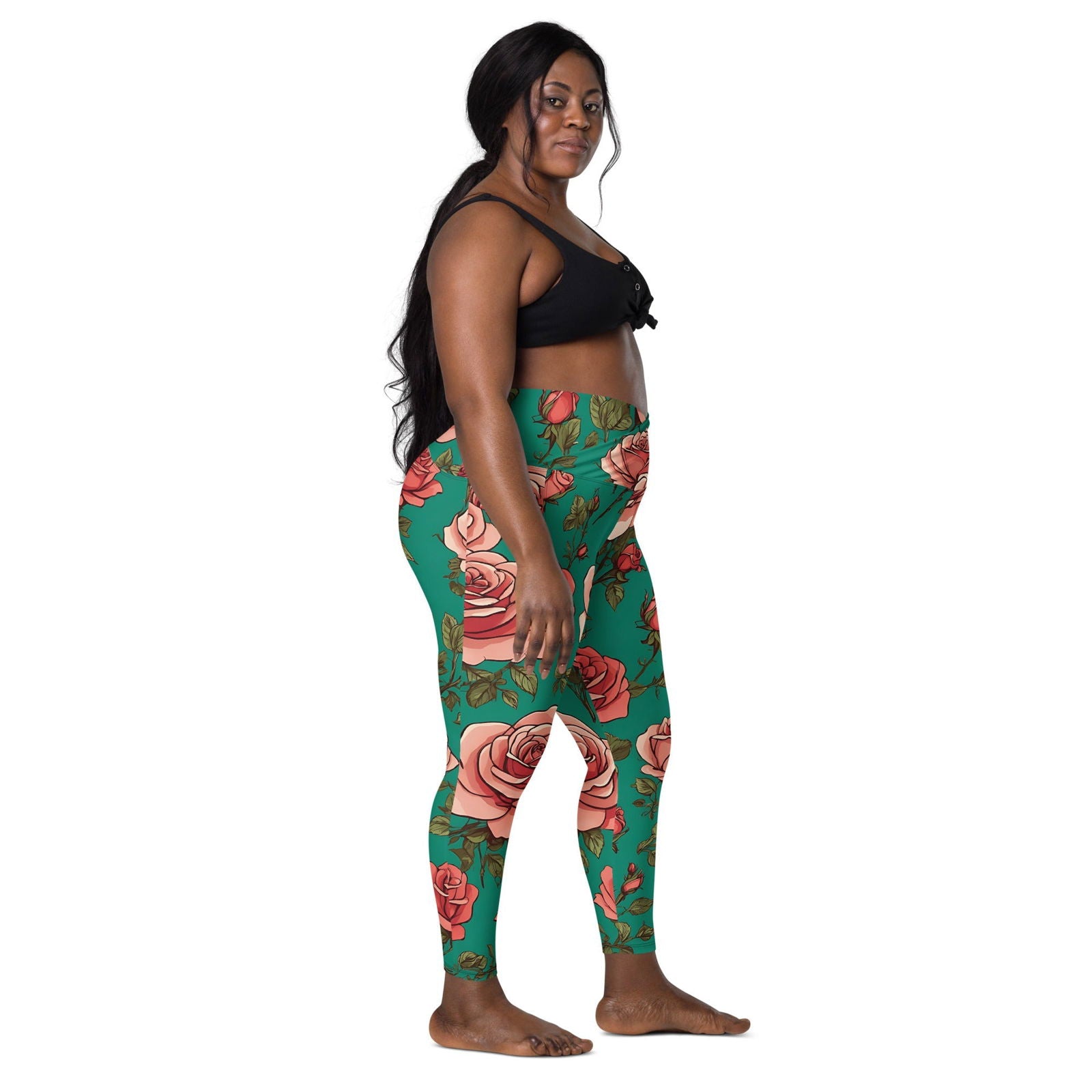 'Pink Roses' Crossover leggings with pockets Leggings