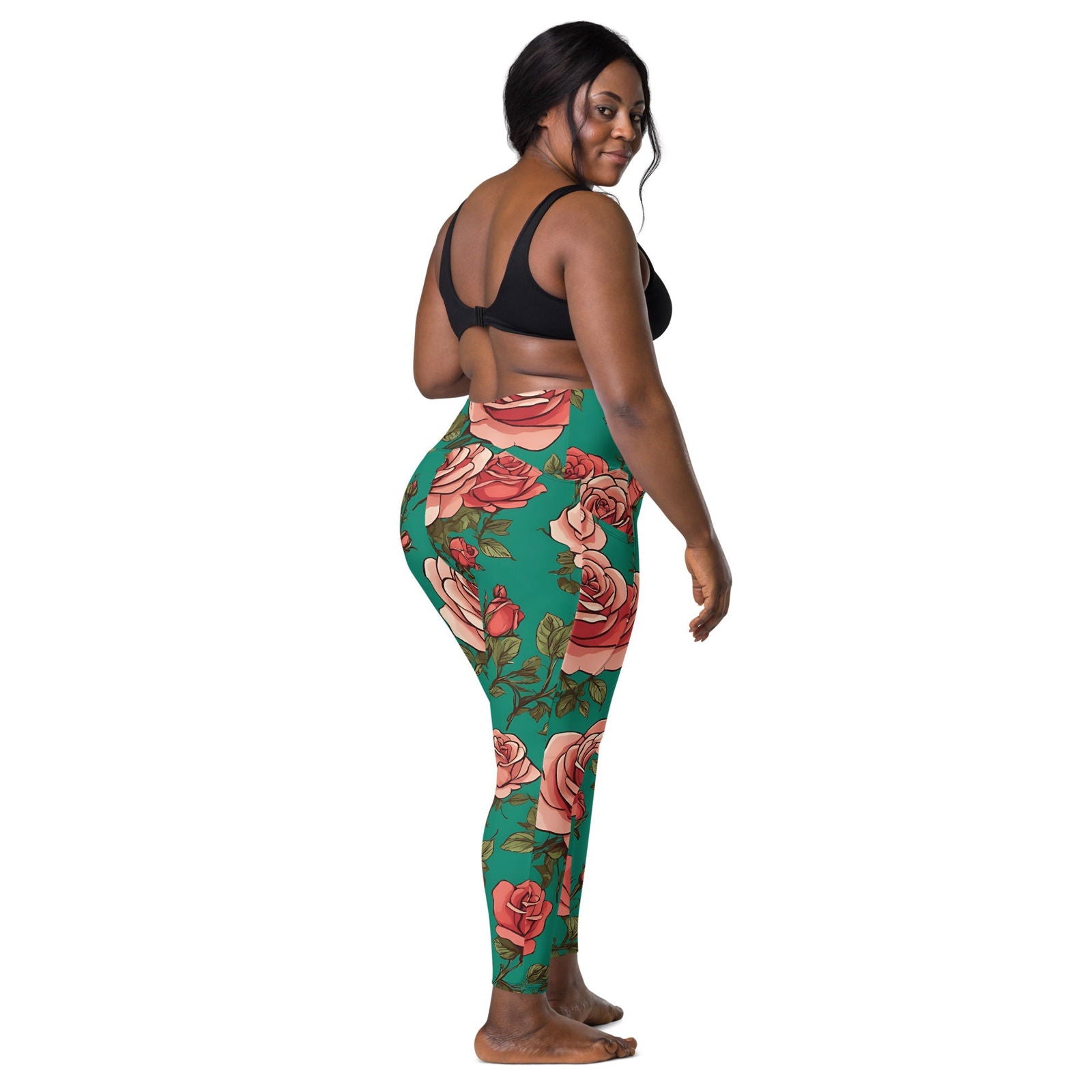'Pink Roses' Crossover leggings with pockets Leggings