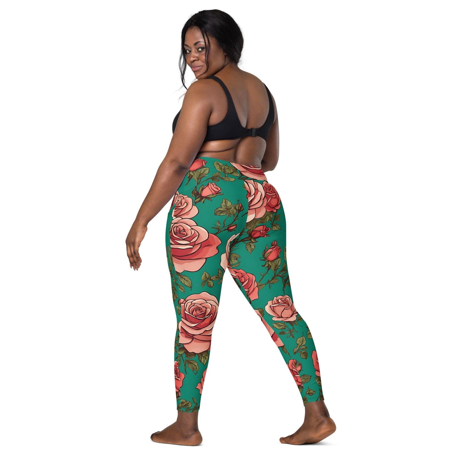 'Pink Roses' Crossover leggings with pockets Leggings
