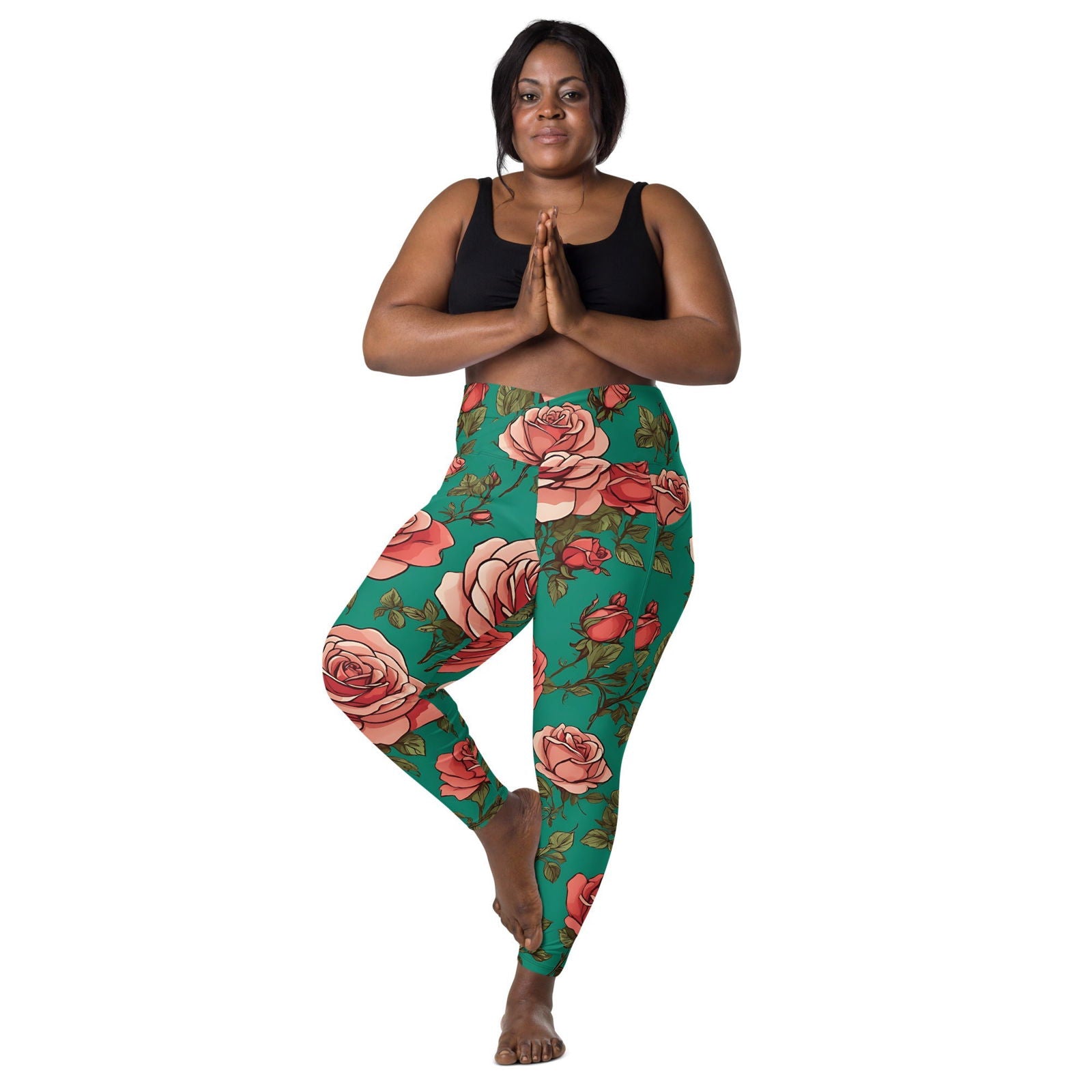 'Pink Roses' Crossover leggings with pockets Leggings