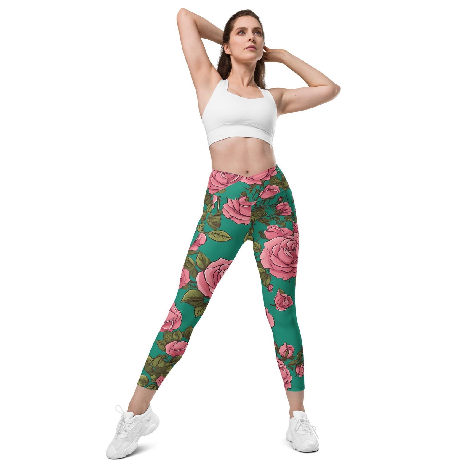 'Pink Roses' Crossover leggings with pockets Leggings