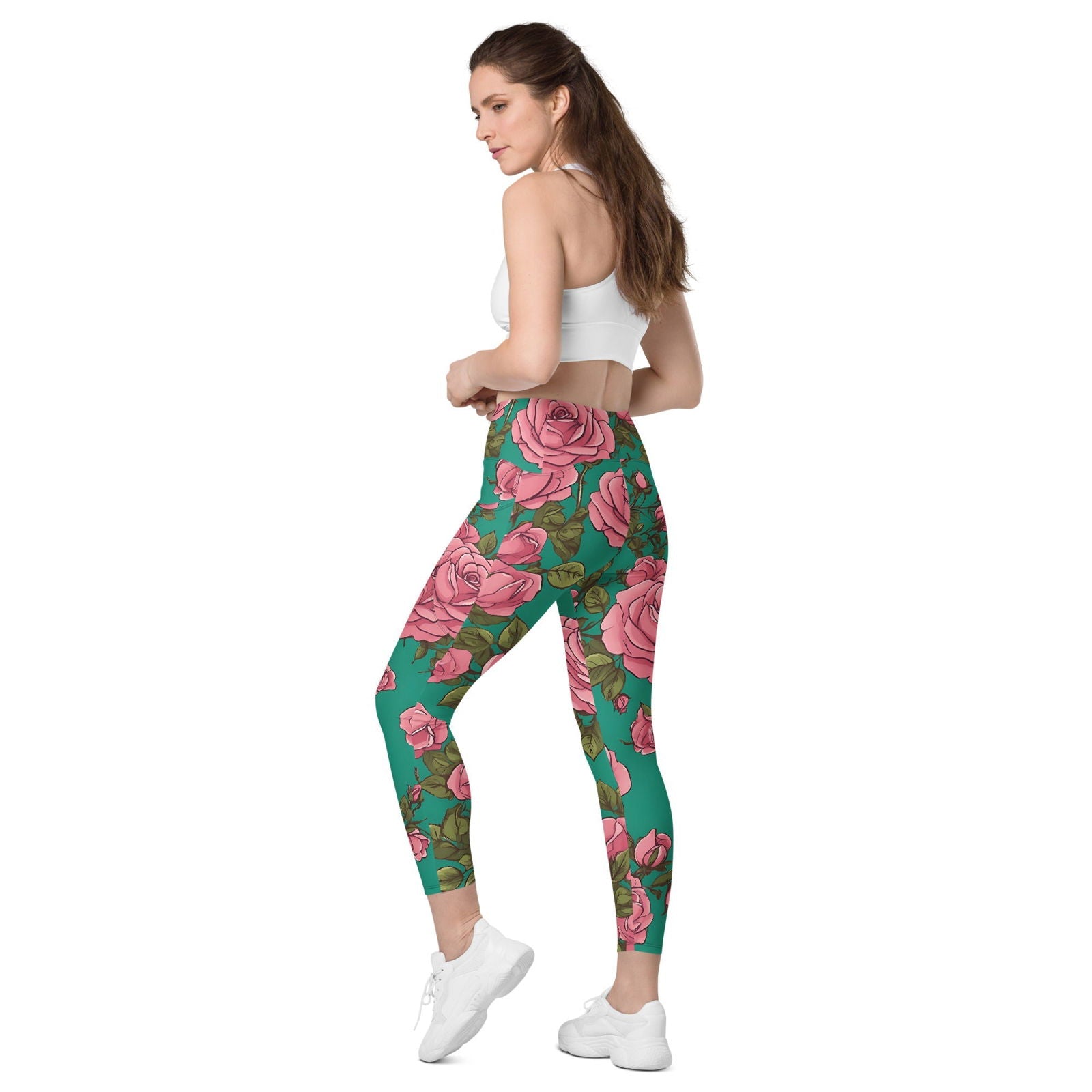 'Pink Roses' Crossover leggings with pockets Leggings