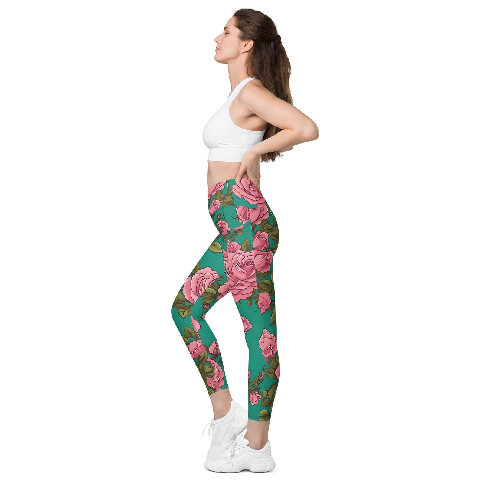 'Pink Roses' Crossover leggings with pockets Leggings