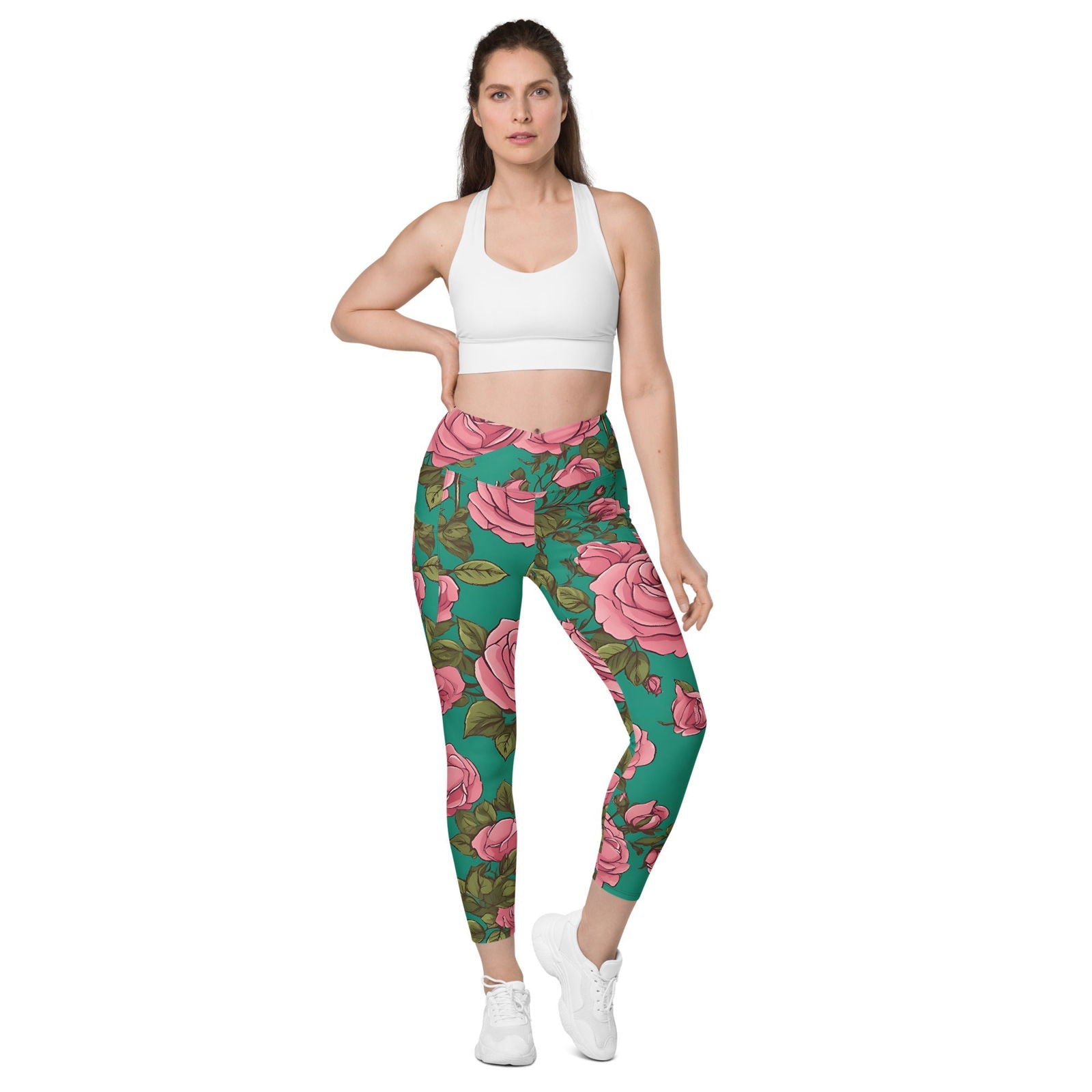 'Pink Roses' Crossover leggings with pockets Leggings