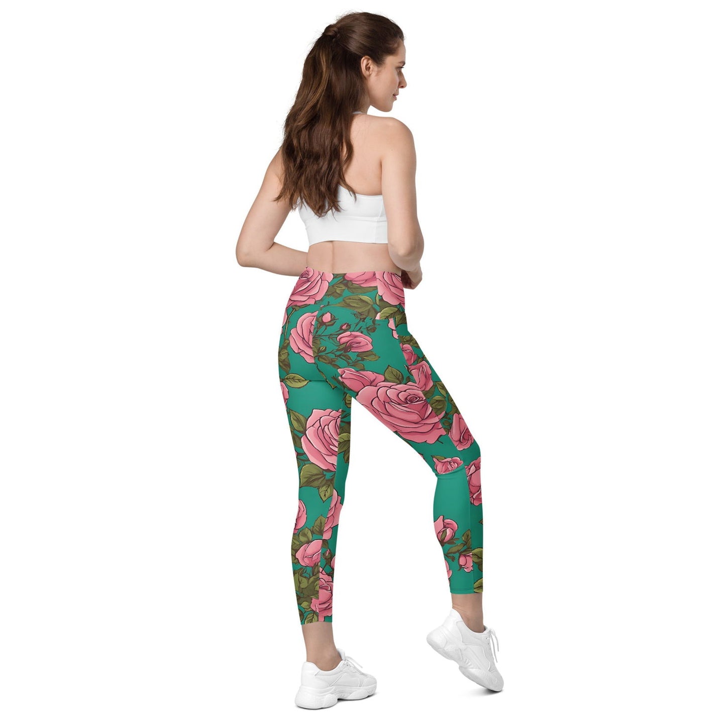 'Pink Roses' Crossover leggings with pockets Leggings