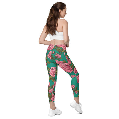 'Pink Roses' Crossover leggings with pockets Leggings