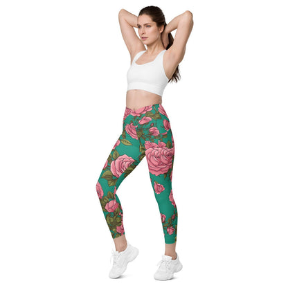 'Pink Roses' Crossover leggings with pockets Leggings