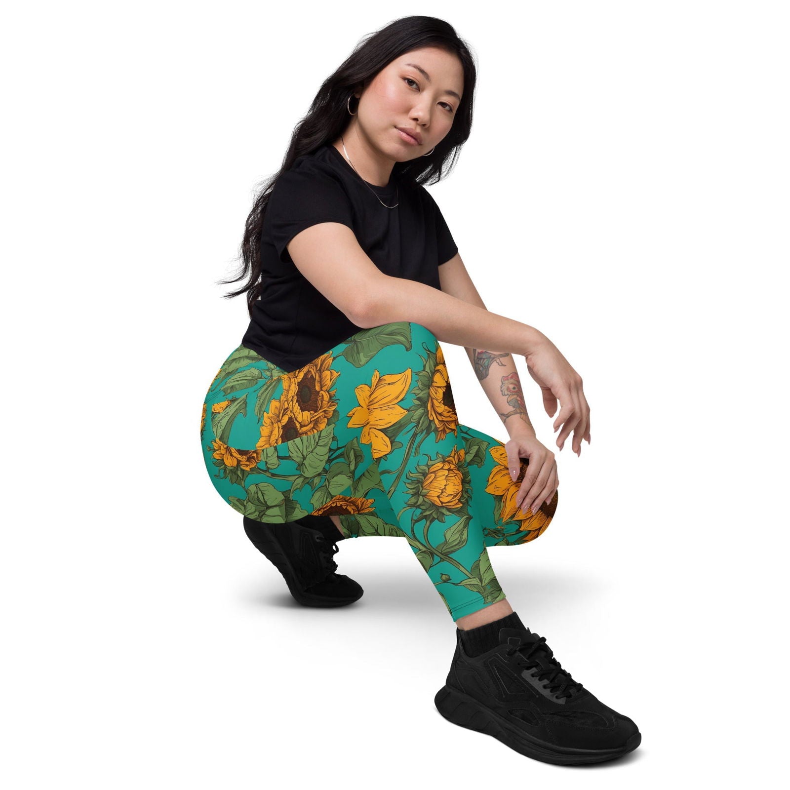 'Sunflower Delight' Crossover leggings with pockets Leggings