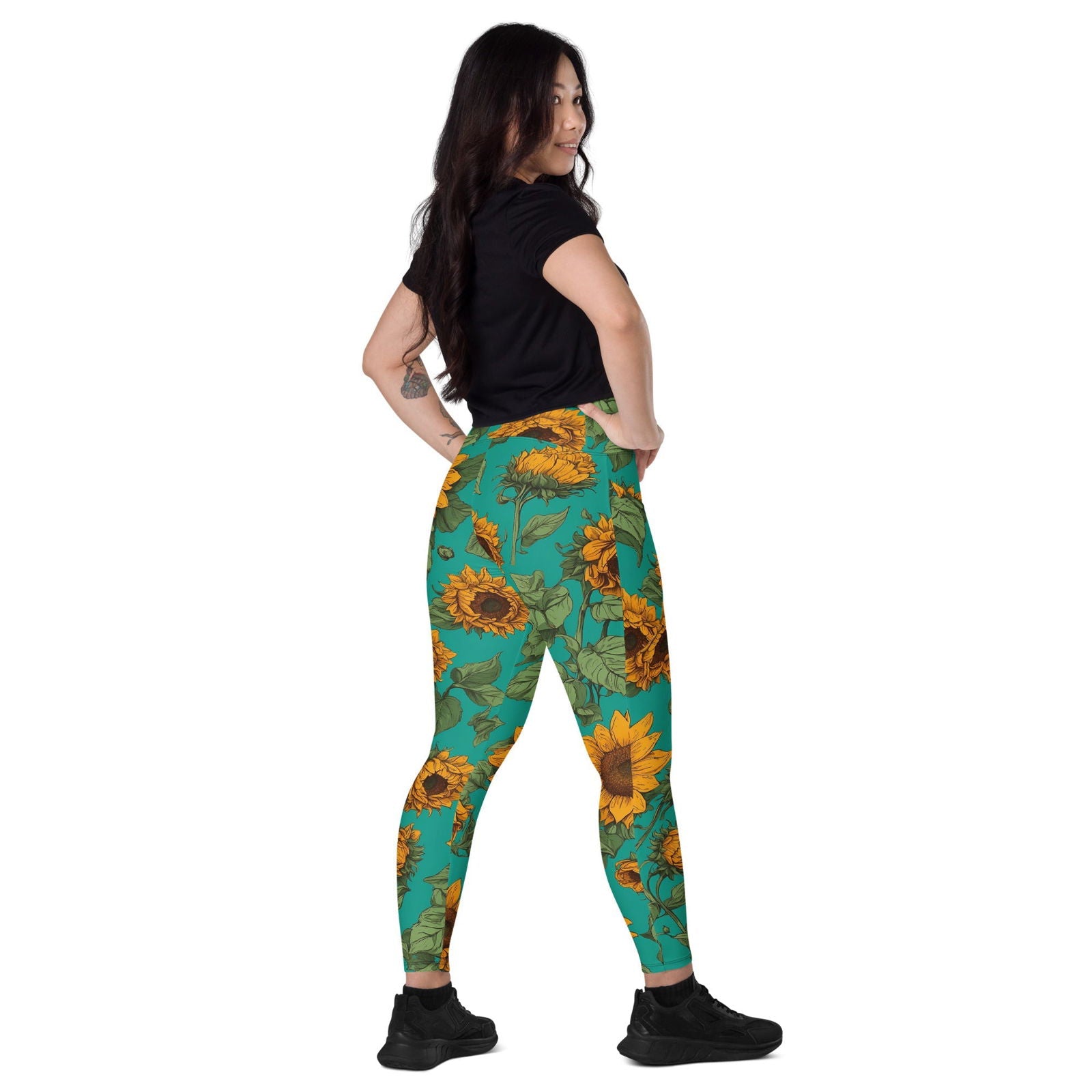 'Sunflower Delight' Crossover leggings with pockets Leggings