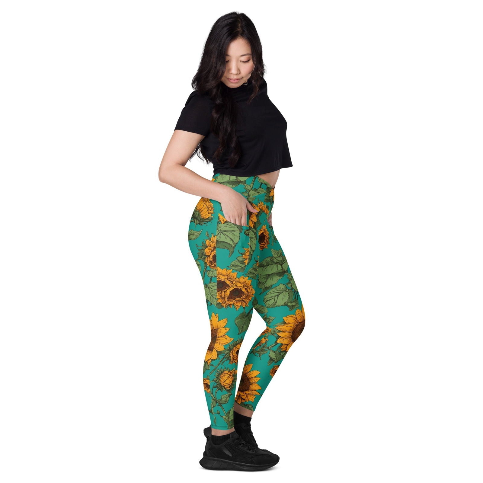 'Sunflower Delight' Crossover leggings with pockets Leggings