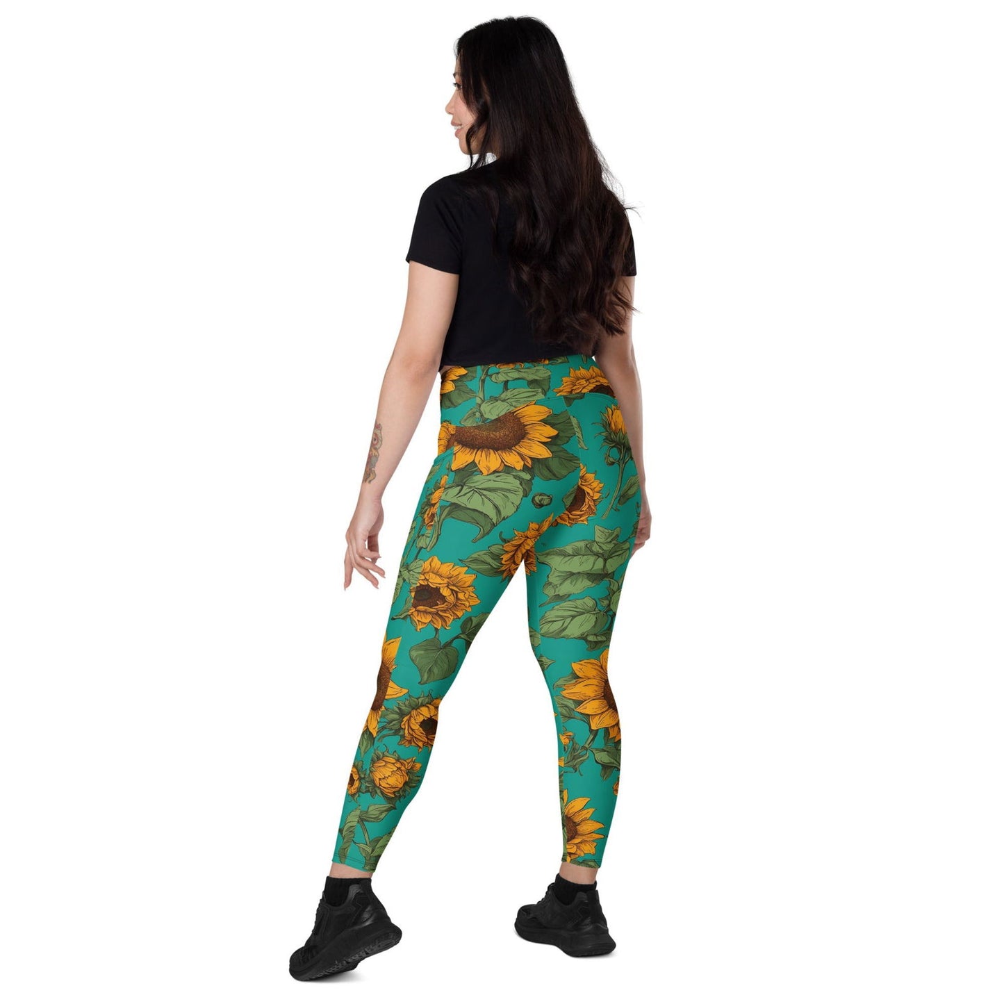 'Sunflower Delight' Crossover leggings with pockets Leggings