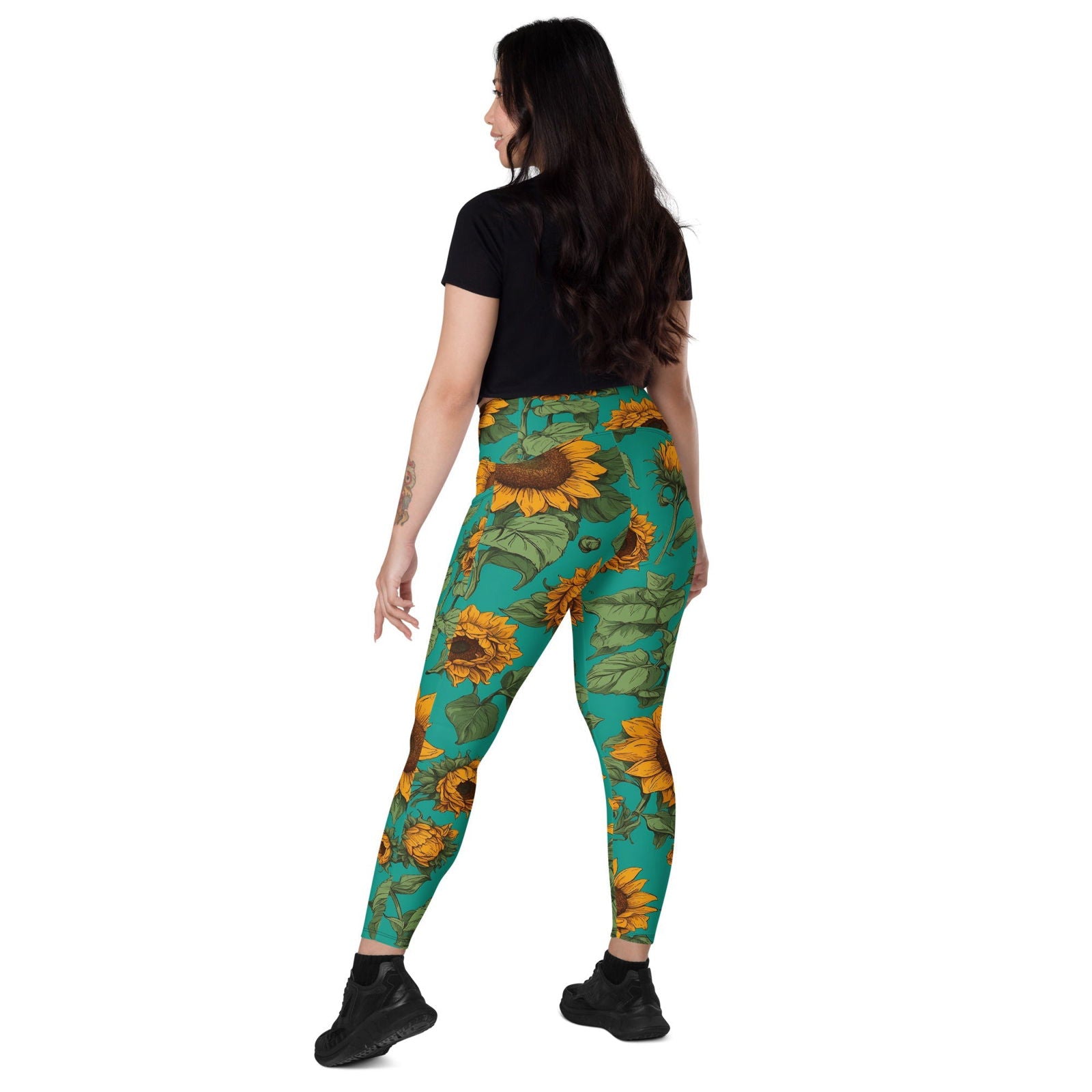 'Sunflower Delight' Crossover leggings with pockets Leggings
