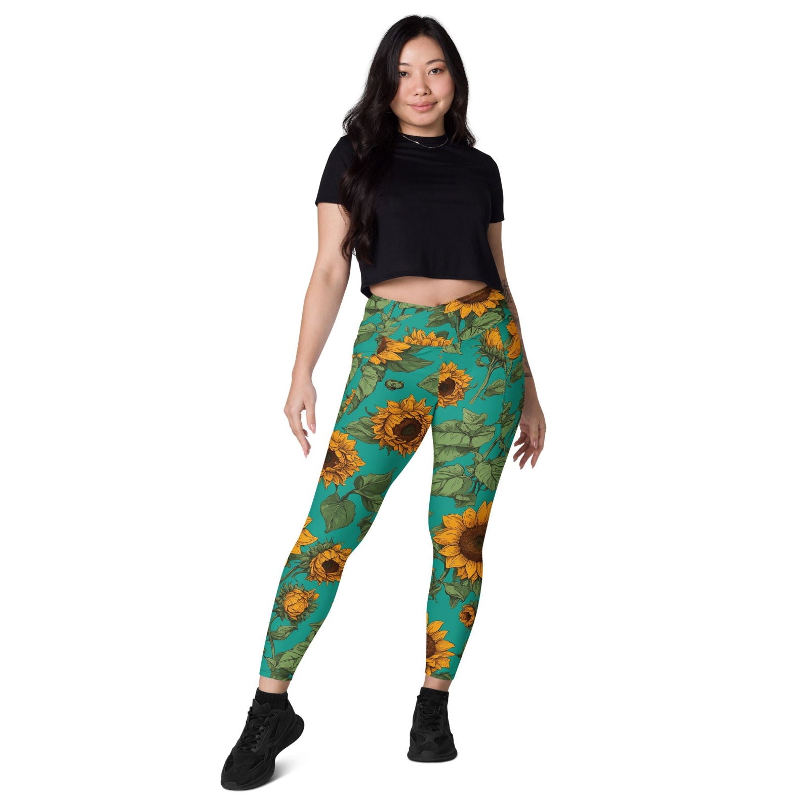 'Sunflower Delight' Crossover leggings with pockets Leggings