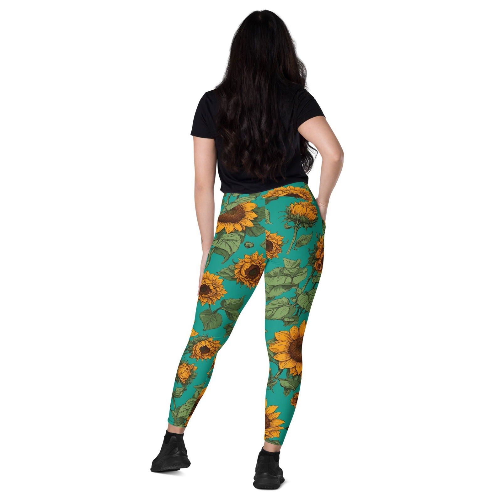 'Sunflower Delight' Crossover leggings with pockets Leggings