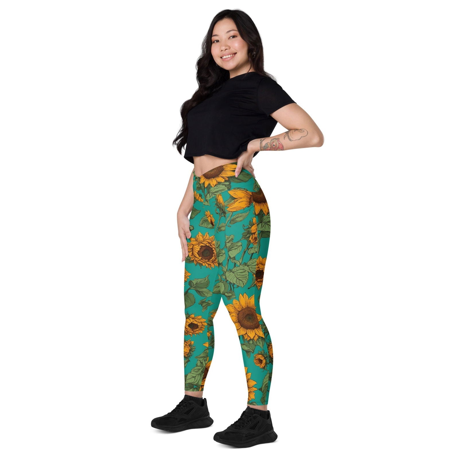 'Sunflower Delight' Crossover leggings with pockets Leggings