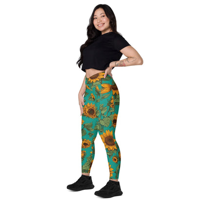 'Sunflower Delight' Crossover leggings with pockets Leggings