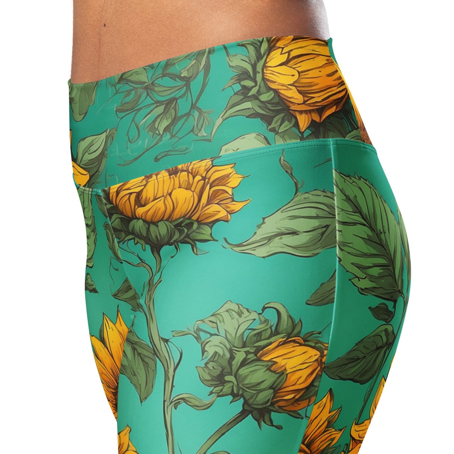 'Golden Sunflowers' Flare leggings with pockets Leggings
