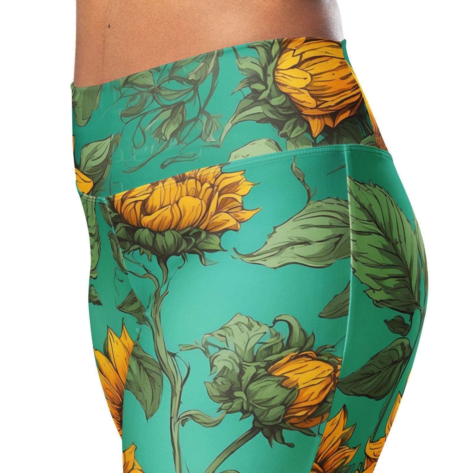 'Golden Sunflowers' Flare leggings with pockets Leggings