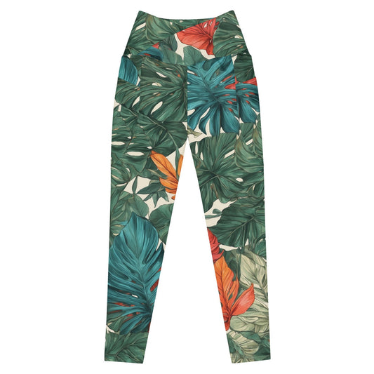 'Tropical Flora' Crossover leggings with pockets Leggings