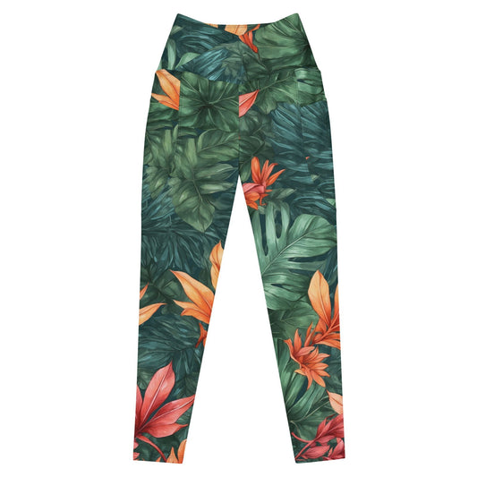 'Tropical Flora' Crossover leggings with pockets Leggings