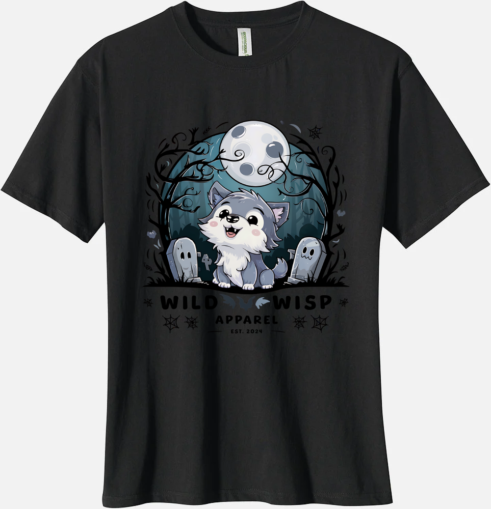'Wolf Pup Under a Moonlit Sky' Organic Unisex Crewneck T-shirt T-Shirts
