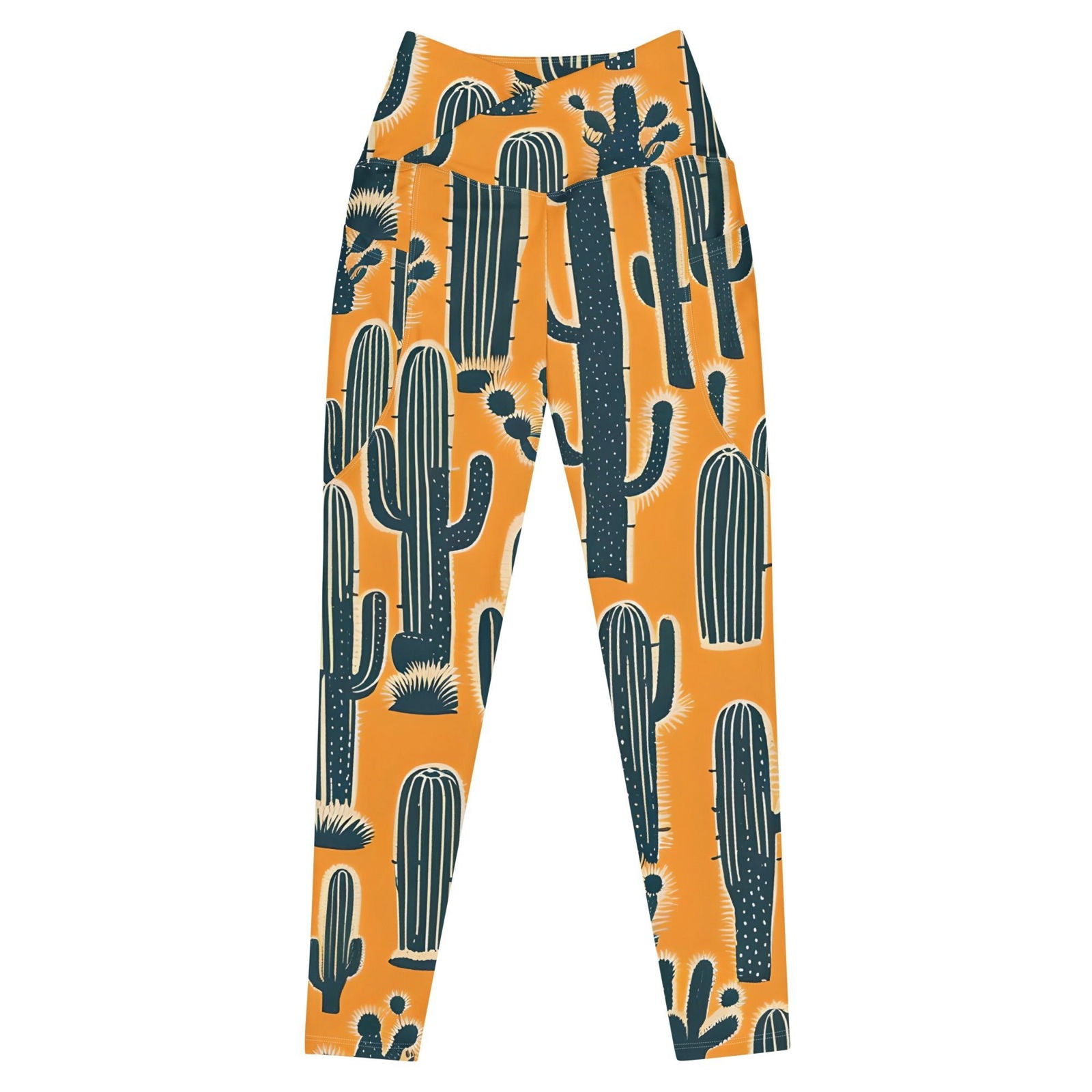 'Yellow Cacti' Crossover leggings with pockets Leggings