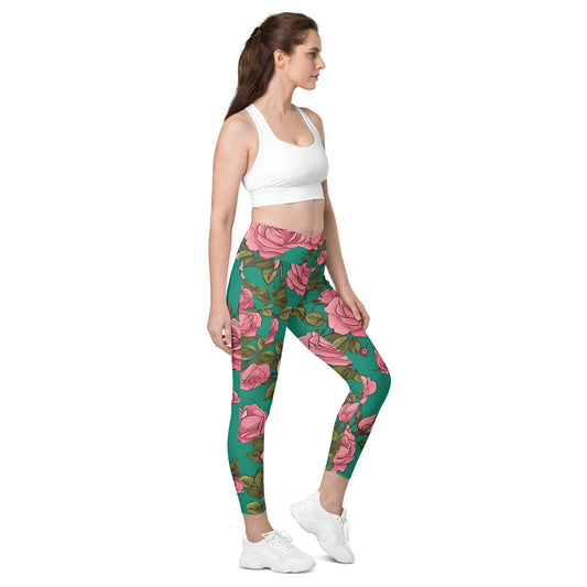 'Pink Roses' Crossover leggings with pockets - Wild Wisp Apparel